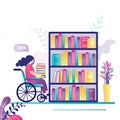 Student with disability holds stack of different books. Female character sits in wheelchair near bookshelf. Disabled woman chooses Royalty Free Stock Photo