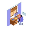 Student do interactive online class meeting. e-learning process concept with computer and internet. Isometric education concept. V