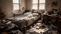 A student dorm room with a messy bed and textbooks on the created with generative AI Royalty Free Stock Photo