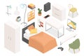 Student dormitory furniture - modern vector colorful isometric illustrations set Royalty Free Stock Photo