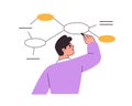Student drawing flowchart, algorithm, scheme. Learner and flow chart, structured process, plan. Abstract education