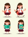 Student elementary school set. Schoolgirl welcomes, walking, reading a book. Vector illustration