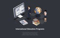 Student Exchange, Education Abroad Program. Girls Student With Backback And Books Search International Education Program