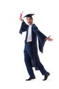 The student excited at his graduation isolated on white Royalty Free Stock Photo