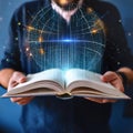Student exploring physics theories on planetary gravity while examining an open book illuminated by digital patterns