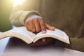 Student, finger and reading book in university library, college campus or school classroom for education, learning or Royalty Free Stock Photo