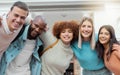 Student, friends and hug portrait of people with diversity, happiness and university support. Students community, smile Royalty Free Stock Photo