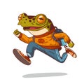 A student frog running in a hurry, vector illustration. Humanized teenage frog. Funny excited anthropomorphic frog with a backpack