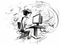 Student is gaming on a desktop computer pc in hand-drawn style Royalty Free Stock Photo
