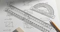 Student Geometry Tools on Worksheet with Protractor and Ruler Royalty Free Stock Photo