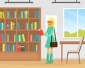 Student Girl Choosing Book in Library, Library Interior with Books on Wooden Bookshelves Flat Vector Illustration