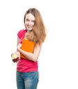 Student girl eating apple.