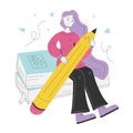 Student girl with giant Pencil. Young person holding pencil and sitting on books. Cute funny isolated characters. Flat style