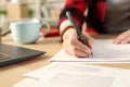 Student girl hands writing letter at home Royalty Free Stock Photo