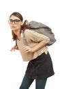 Student girl with heavy schoolbag