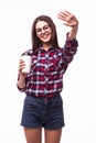 Student girl with hello gesture drink tea or coffee Royalty Free Stock Photo