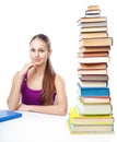 Student girl with high stack of books Royalty Free Stock Photo
