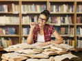 Student Girl with Open Books in Library, Studying Woman in Glass Royalty Free Stock Photo