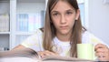 Student Girl Reading Book, Child Studying in School Library, Adolescent Kid, Teenager Learning in Classroom, Children Education Royalty Free Stock Photo