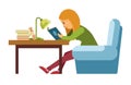 Student girl reading book in library sitting on chair bookshop vector flat Royalty Free Stock Photo