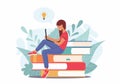 Student girl studying with laptop. Young woman sitting on stack of books, getting knowledge online. Young people have idea Royalty Free Stock Photo