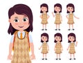 Student girl vector character set. School 3d female students in standing pose and happy facial expression for back to school.