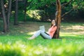 Student girl working with a laptop in a green park Royalty Free Stock Photo