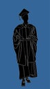 Student in gown graduates college vector silhouette illustration isolated on blue background.