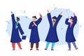 Student graduate vector illustration, cartoon happy flat graduated people in academic gown robe, graduation cap holding