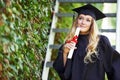 Student, graduation cap and woman thinking of future, university achievement and career choice or ideas. Graduate with Royalty Free Stock Photo