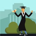 The student guy in the academic gown and cap received a diploma and rejoices Vector flat illustration