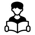 Student guy with magazine solid icon, learners literature concept. Vector graphics. Man with book in hands, education Royalty Free Stock Photo