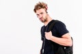 Student handsome guy listening music. Rhythmic melody concept. Download music application. Youth music taste. Man Royalty Free Stock Photo