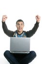 Student happy laptop, success gesture expression Royalty Free Stock Photo