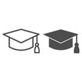 Student hat line and solid icon. Graduation black square cup. Education vector design concept, outline style pictogram Royalty Free Stock Photo