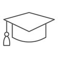 Student hat thin line icon. Graduation black square cup. Education vector design concept, outline style pictogram on