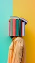 Student with a head made of books in a row on a pastel-coloured background. Study and learning concept. Royalty Free Stock Photo