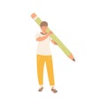 Student holding large pencil. Vector flat illustration