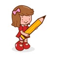 Little girl student holding a big pencil. Vector illustration