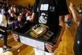 A student holds the case with the robotic system by Lego during the Lego Challenge robotics competition in Mallorca robot detaiil