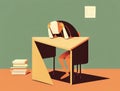 A student hunched over a desk immersed in learning. Art concept. AI generation