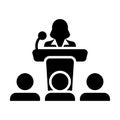 Student icon vector female person on podium symbol for presentation and seminar with microphone in glyph pictogram Royalty Free Stock Photo