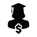 Student icon vector female person profile avatar with dollar symbol and mortar board for education loan in flat color glyph Royalty Free Stock Photo