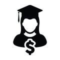 Student icon vector female person profile avatar with mortar board for graduation in flat color glyph pictogram Royalty Free Stock Photo