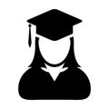 Student icon vector female person profile avatar with mortar board hat symbol for school, college and university graduation degree
