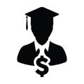 Student icon vector male person profile avatar with dollar symbol and mortar board for education loan in flat color glyph sign Royalty Free Stock Photo