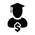 Student icon vector male person profile avatar with dollar symbol and mortar board for education loan in flat color Royalty Free Stock Photo