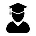 Student icon vector male person profile avatar with mortar board hat symbol for school, college and university graduation degree