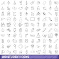 100 student icons set, outline style