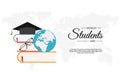 Student international day background with stack of books, glasses and globe earth isolated on white background